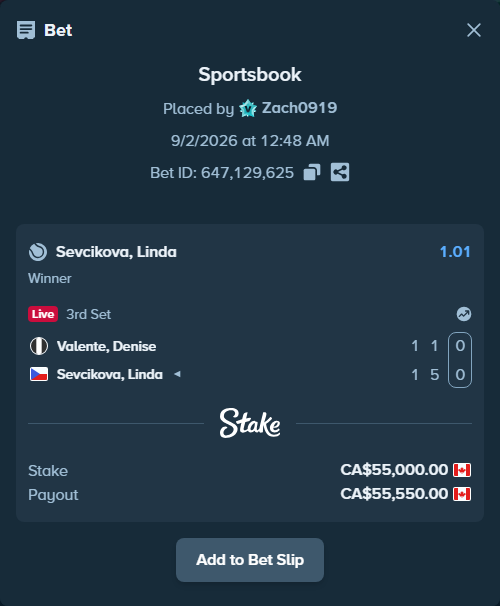 Bet slip: Valente, Denise - Sevcikova, Linda, $40,700.00 stake at 1.01 odds, placed by Zach0919