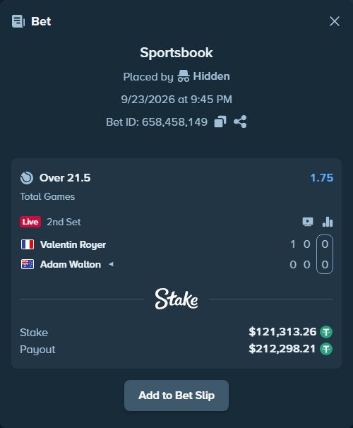 Bet slip: Valentin Royer - Adam Walton, $121,313.26 stake at 1.75 odds, placed by Hidden