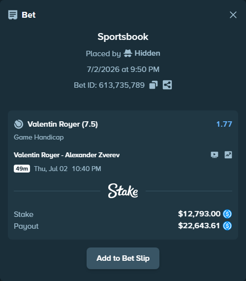 Bet slip: Valentin Royer - Alexander Zverev, $12,793.00 stake at 1.77 odds, placed by Hidden