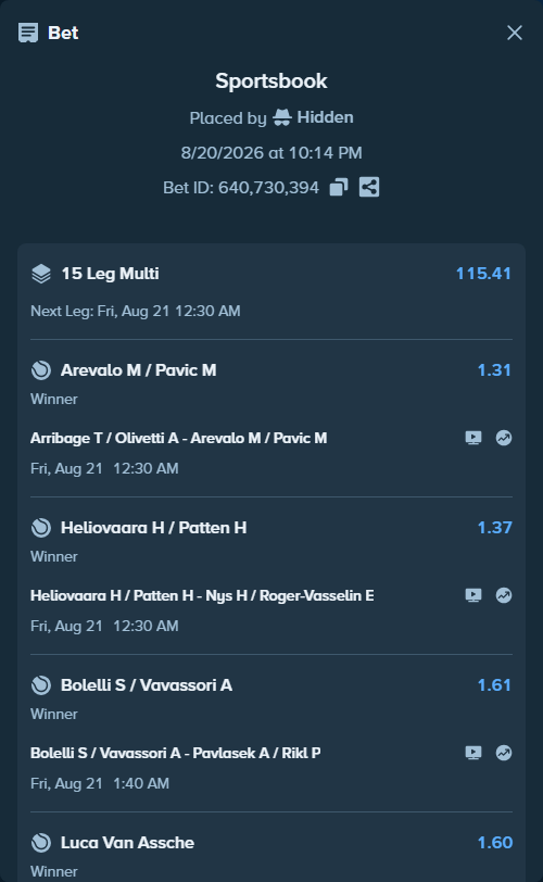 Bet slip: Valentin Royer - Bueno, Gonzalo, $14,998.00 stake at 1.18 odds, placed by Hidden