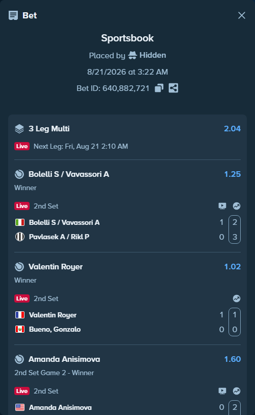 Bet slip: Valentin Royer - Bueno, Gonzalo, $28,000.00 stake at 1.02 odds, placed by Hidden