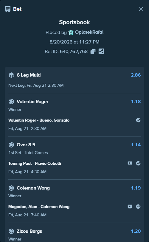 Bet slip: Valentin Royer - Bueno, Gonzalo, $93,591.26 stake at 1.18 odds, placed by OplatekRafal