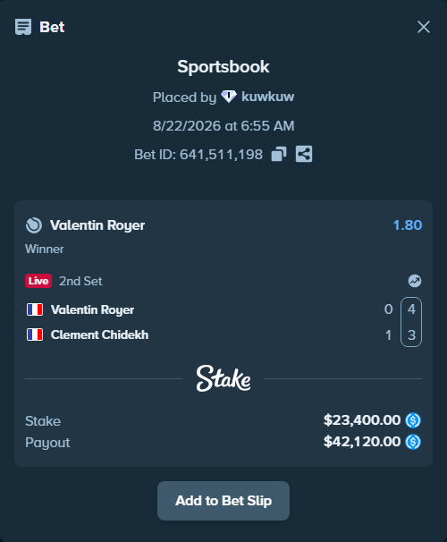 Bet slip: Valentin Royer - Clement Chidekh, $23,400.00 stake at 1.80 odds, placed by kuwkuw