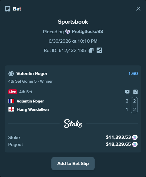 Bet slip: Valentin Royer - Harry Wendelken, $12,897.79 stake at 1.60 odds, placed by Prettylfacko98