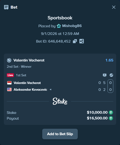 Bet slip: Valentin Vacherot - Aleksandar Kovacevic, $10,000.00 stake at 1.65 odds, placed by Mishobg86