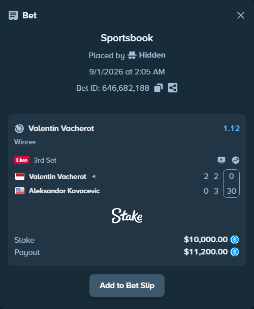 Bet slip: Valentin Vacherot - Aleksandar Kovacevic, $10,000.00 stake at 1.12 odds, placed by Hidden