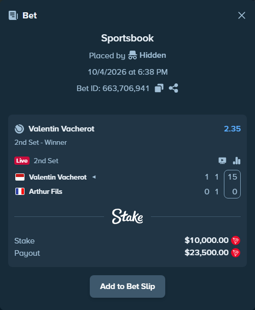 Bet slip: Valentin Vacherot - Arthur Fils, $9,995.42 stake at 2.35 odds, placed by Hidden