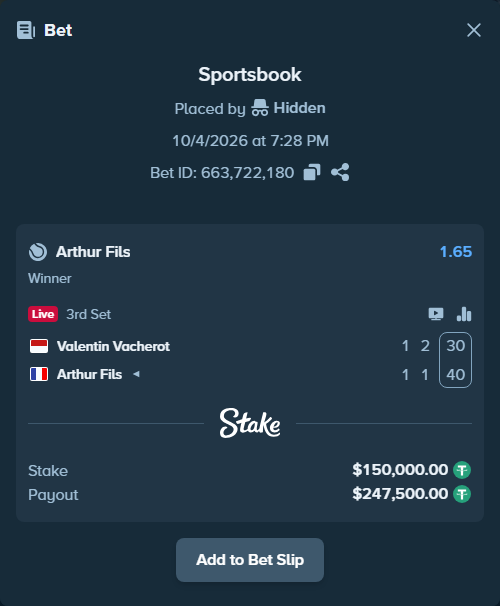 Bet slip: Valentin Vacherot - Arthur Fils, $150,000.00 stake at 1.65 odds, placed by Hidden