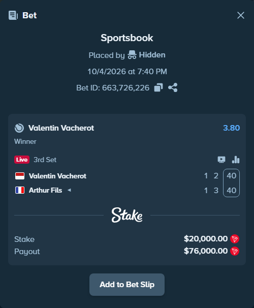 Bet slip: Valentin Vacherot - Arthur Fils, $20,042.72 stake at 3.80 odds, placed by Hidden