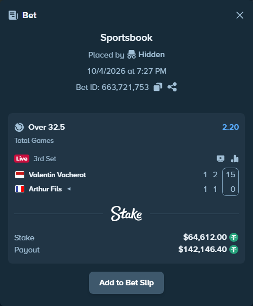 Bet slip: Valentin Vacherot - Arthur Fils, $64,612.00 stake at 2.20 odds, placed by Hidden