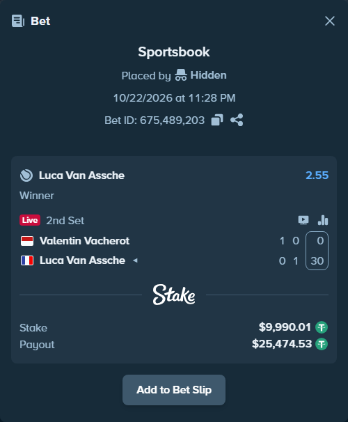 Bet slip: Valentin Vacherot - Luca Van Assche, $10,000.00 stake at 2.55 odds, placed by Hidden