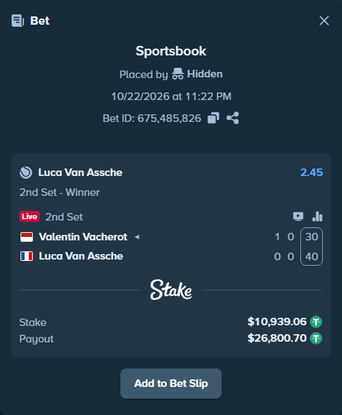 Bet slip: Valentin Vacherot - Luca Van Assche, $10,950.00 stake at 2.45 odds, placed by Hidden