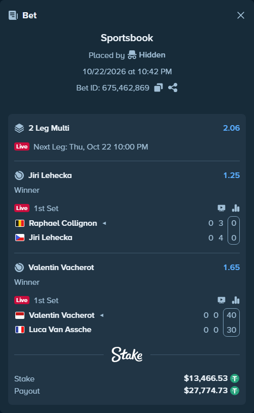 Bet slip: Valentin Vacherot - Luca Van Assche, $13,480.00 stake at 1.65 odds, placed by Hidden