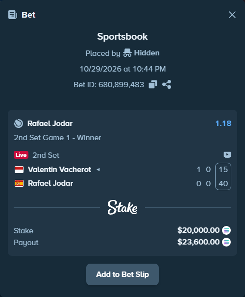 Bet slip: Valentin Vacherot - Rafael Jodar, $20,051.92 stake at 1.18 odds, placed by AustinAlgamus