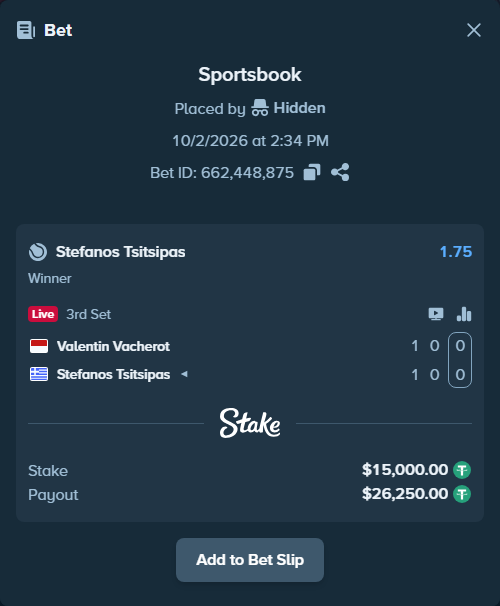 Bet slip: Valentin Vacherot - Stefanos Tsitsipas, $15,000.00 stake at 1.75 odds, placed by Palo6