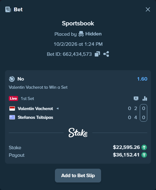 Bet slip: Valentin Vacherot - Stefanos Tsitsipas, $22,595.26 stake at 1.60 odds, placed by dc913