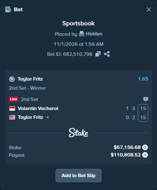Bet slip: Valentin Vacherot - Taylor Fritz, $67,308.42 stake at 1.65 odds, placed by Prettylfacko98
