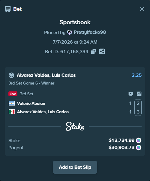 Bet slip: Valerio Aboian - Alvarez Valdes, Luis Carlos, $13,599.73 stake at 2.25 odds, placed by Prettylfacko98