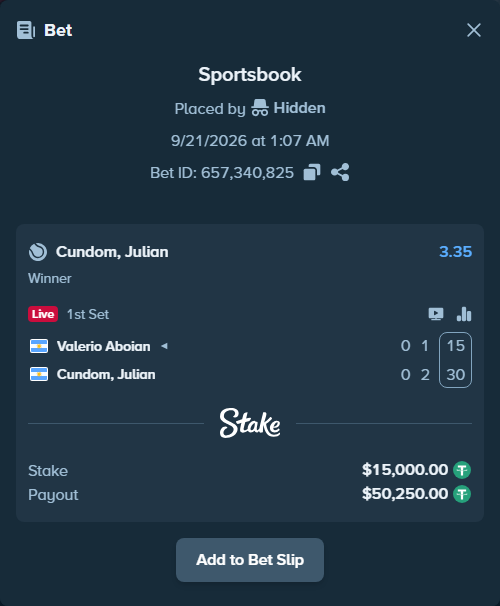 Bet slip: Valerio Aboian - Cundom, Julian, $15,000.00 stake at 3.35 odds, placed by Hidden
