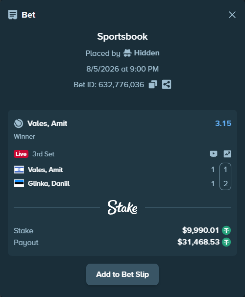 Bet slip: Vales, Amit - Danill Glinka, $10,000.00 stake at 3.15 odds, placed by Hidden