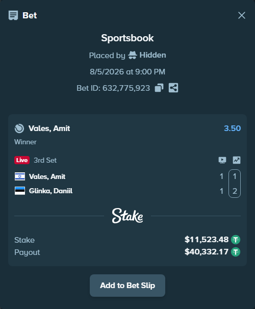 Bet slip: Vales, Amit - Danill Glinka, $11,535.00 stake at 3.50 odds, placed by Hidden