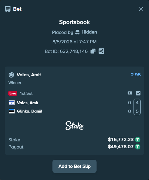 Bet slip: Vales, Amit - Danill Glinka, $16,789.00 stake at 2.95 odds, placed by Hidden