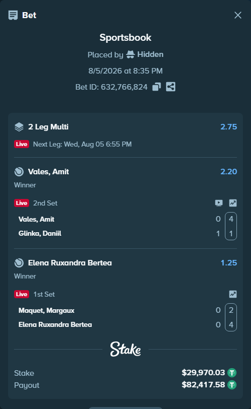 Bet slip: Vales, Amit - Danill Glinka, $30,000.00 stake at 2.20 odds, placed by Hidden