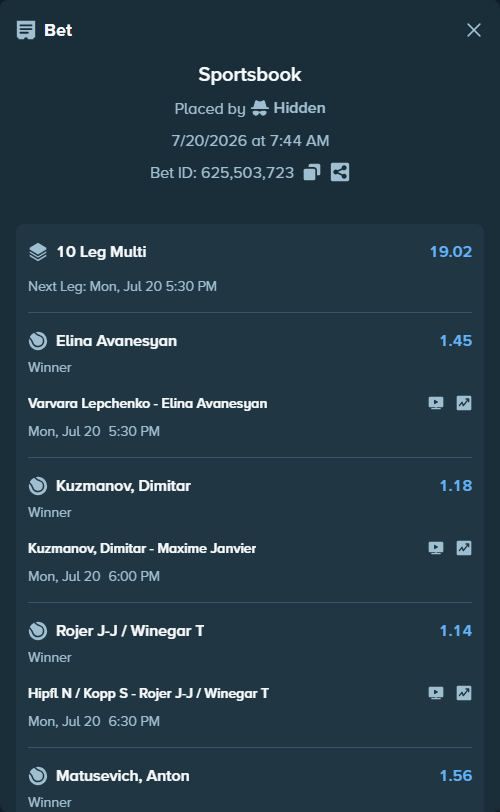 Bet slip: Vales, Amit - Gombos, Norbert, $23,609.20 stake at 1.19 odds, placed by Hidden