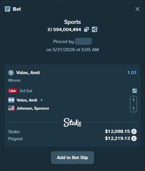 Bet slip: Vales, Amit - Johnson, Spencer, $10,728.55 stake at 1.01 odds, placed by GucciBra