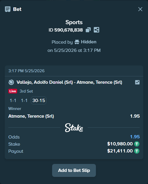 Bet slip: Vallejo, Adolfo Daniel (Srl) - Atmane, Terence (Srl), $10,980.00 stake at 1.95 odds, placed by Hidden