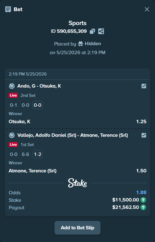 Bet slip: Vallejo, Adolfo Daniel (Srl) - Atmane, Terence (Srl), $11,500.00 stake at 1.50 odds, placed by Hidden