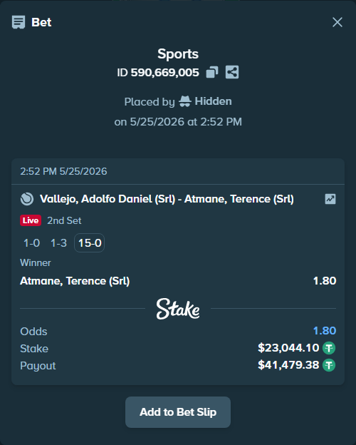 Bet slip: Vallejo, Adolfo Daniel (Srl) - Atmane, Terence (Srl), $23,044.10 stake at 1.80 odds, placed by Hidden
