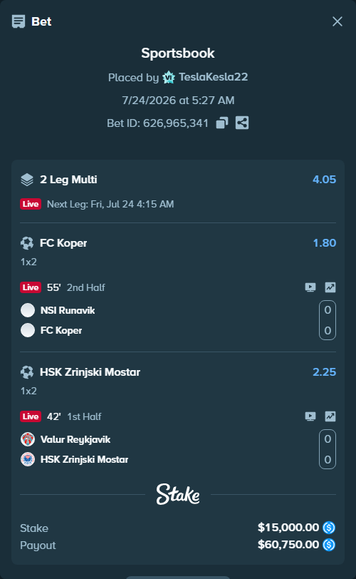 Bet slip: Valur Reykjavik - HSK Zrinjski Mostar, $15,000.00 stake at 2.25 odds, placed by TeslaKesla22