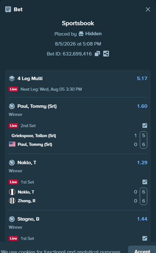Bet slip: Van de Peer, Vicky - Stagno, B, $10,000.00 stake at 1.44 odds, placed by Hidden