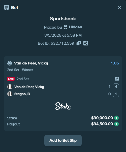 Bet slip: Van de Peer, Vicky - Stagno, B, $90,090.00 stake at 1.05 odds, placed by Hidden