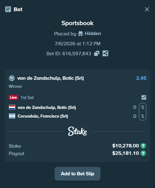 Bet slip: Van de Zandschulp, Botic (Srl) - Cerundolo, Francisco (Srl), $10,288.28 stake at 2.45 odds, placed by Hidden