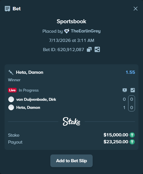 Bet slip: van Duijvenbode, Dirk - Heta, Damon, $15,015.00 stake at 1.55 odds, placed by TheEarlinGrey