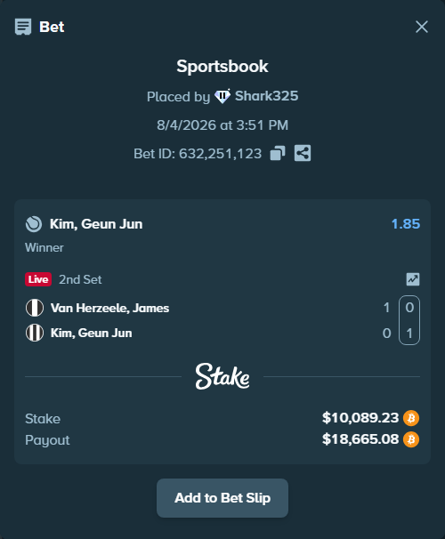 Bet slip: Van Herzeele, James - Kim, Geun Jun, $10,176.00 stake at 1.85 odds, placed by Shark325