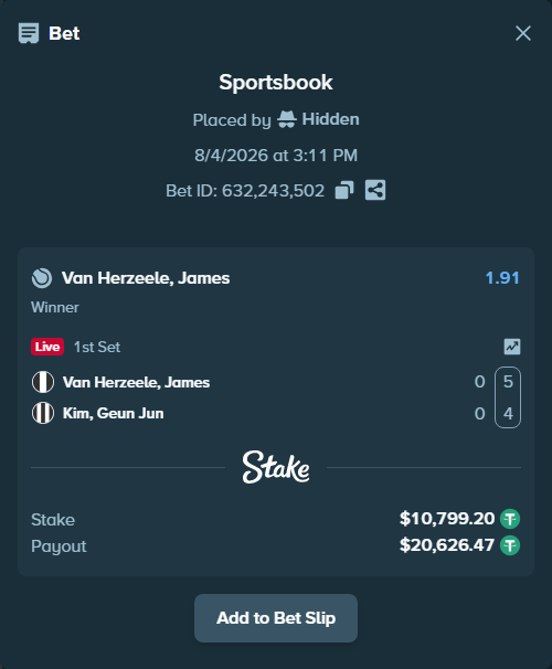 Bet slip: Van Herzeele, James - Kim, Geun Jun, $10,810.00 stake at 1.91 odds, placed by Hidden