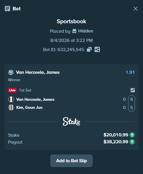 Bet slip: Van Herzeele, James - Kim, Geun Jun, $20,031.00 stake at 1.91 odds, placed by Hidden