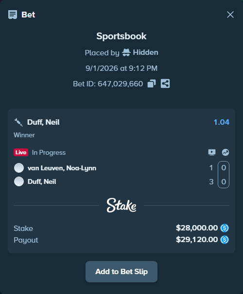 Bet slip: van Leuven, Noa-Lynn - Duff, Neil, $28,000.00 stake at 1.04 odds, placed by Hidden