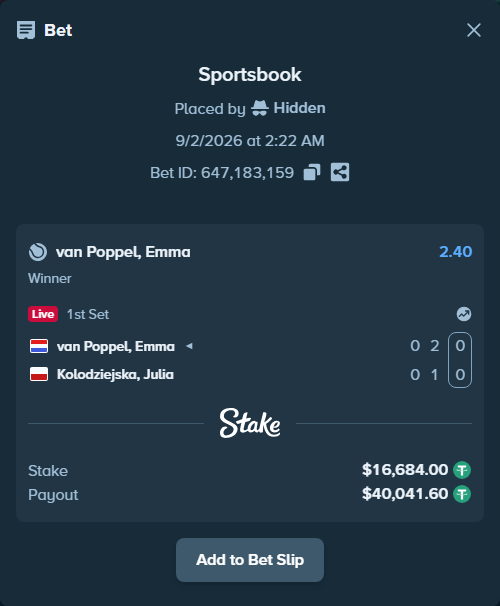 Bet slip: van Poppel, Emma - Kolodziejska, Julia, $16,684.00 stake at 2.40 odds, placed by Hidden