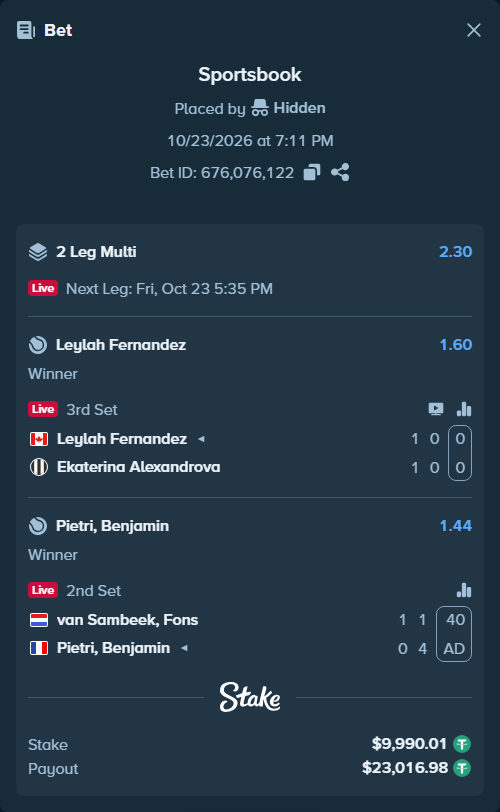 Bet slip: van Sambeek, Fons - Pietri, Benjamin, $10,000.00 stake at 1.44 odds, placed by Hidden