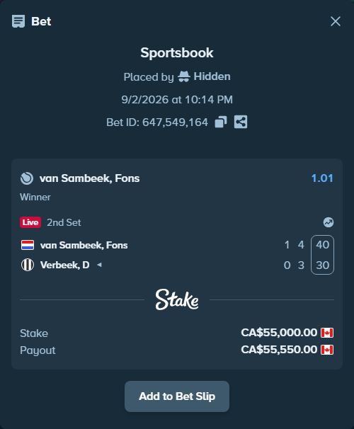 Bet slip: van Sambeek, Fons - Verbeek, D, $40,700.00 stake at 1.01 odds, placed by Hidden