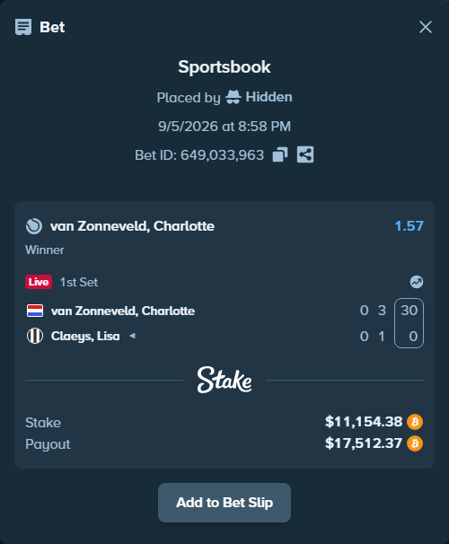 Bet slip: van Zonneveld, Charlotte - Claeys, Lisa, $11,202.59 stake at 1.57 odds, placed by Hidden