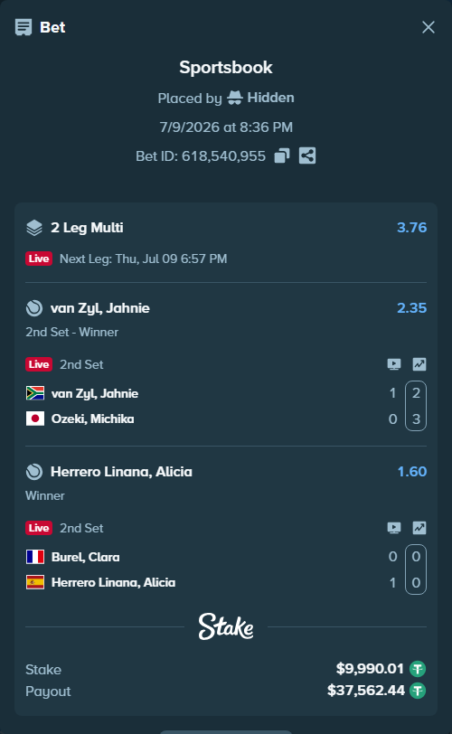 Bet slip: van Zyl, Jahnie - Ozeki, Michika, $10,000.00 stake at 2.35 odds, placed by Hidden