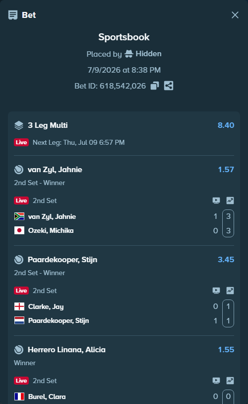 Bet slip: van Zyl, Jahnie - Ozeki, Michika, $10,000.00 stake at 1.57 odds, placed by Hidden