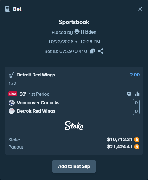 Bet slip: Vancouver Canucks - Detroit Red Wings, $10,747.17 stake at 2.00 odds, placed by Hidden