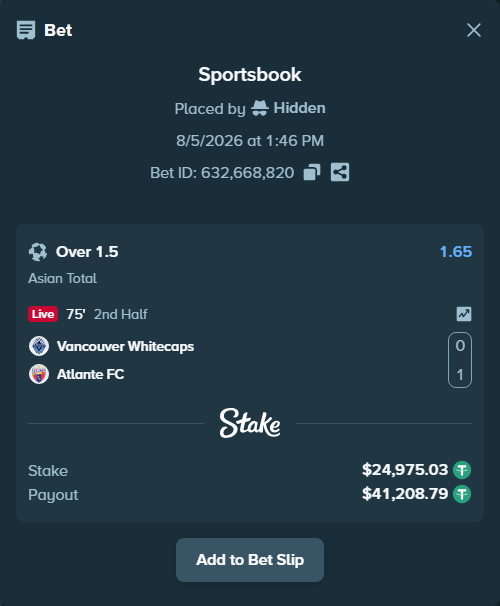 Bet slip: Vancouver Whitecaps - Atlante FC, $25,000.00 stake at 1.65 odds, placed by Hidden