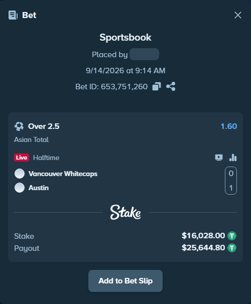 Bet slip: Vancouver Whitecaps - Austin, $16,028.00 stake at 1.60 odds, placed by tlwns4736